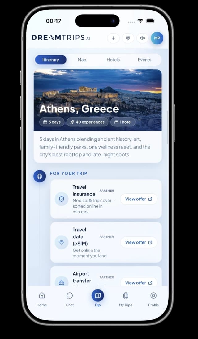 day-by-day itineraries view in the DreamTrips.AI app