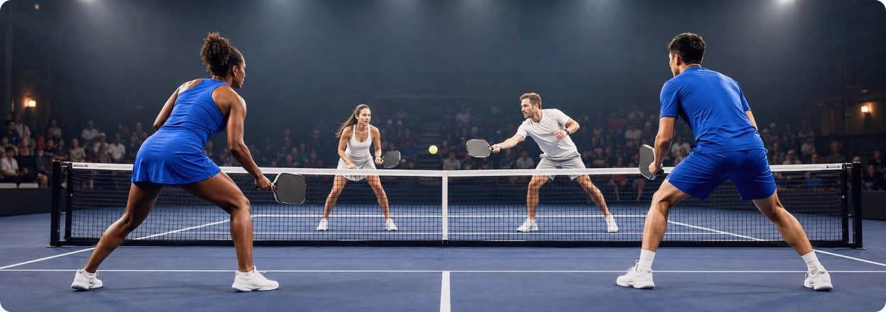 Two teams playing a pickleball doubles match
