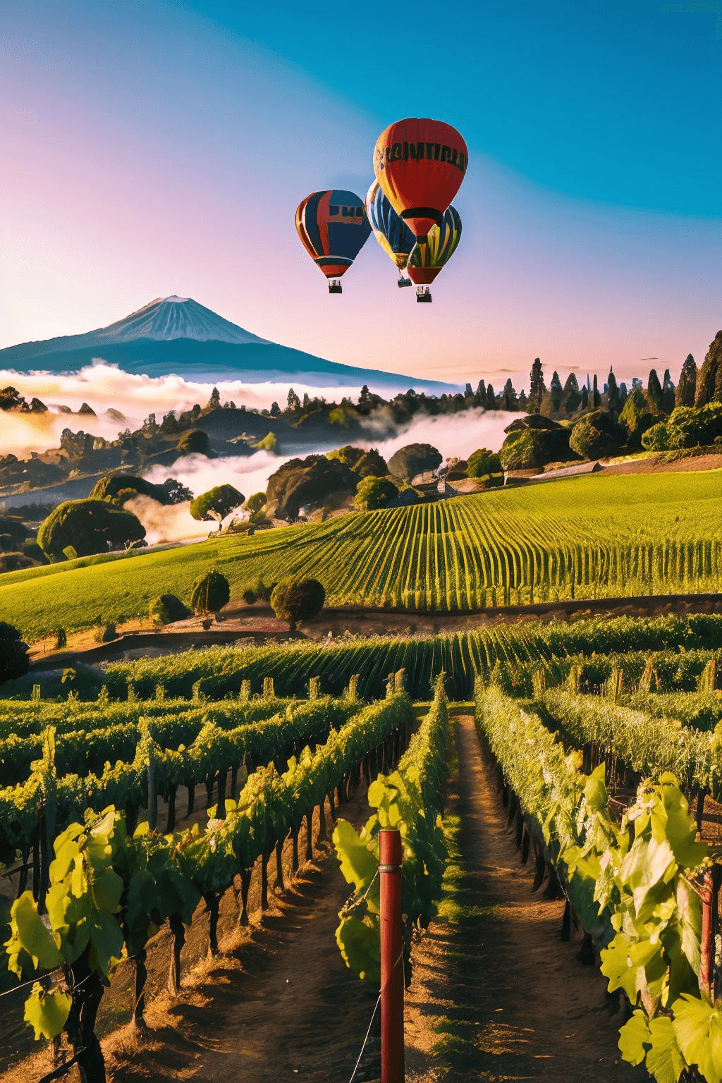 Hot air balloons above mountain vineyards